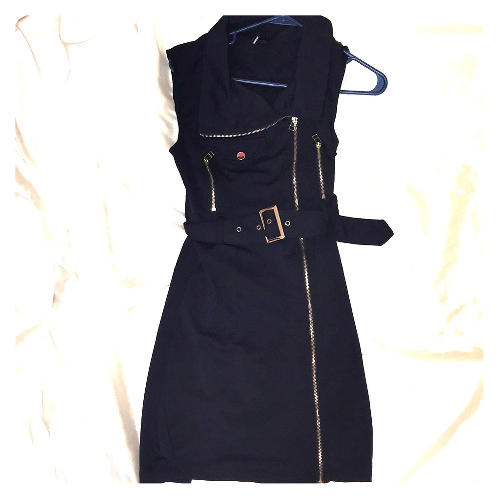 Knee length navy and gold trench dress